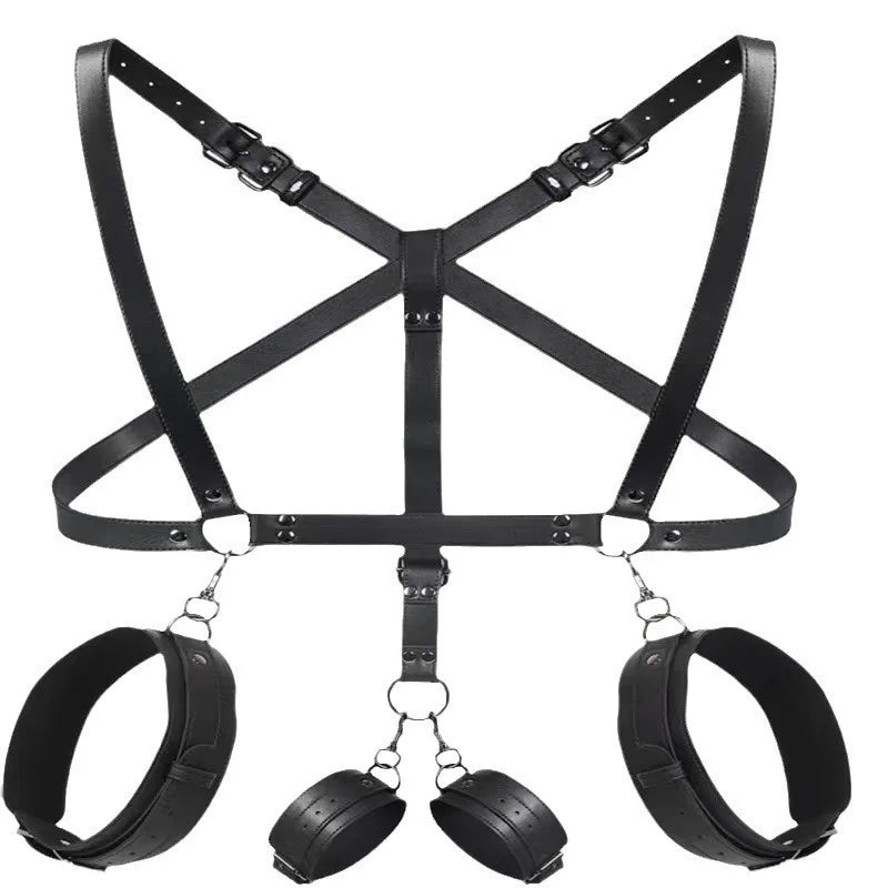 BDSM Bondage Thigh Cuffs & Spreader Bar Set-Adjustable PU Leather Restraints for Role-Play and Slave Training