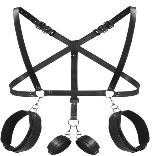 BDSM Bondage Thigh Cuffs & Spreader Bar Set-Adjustable PU Leather Restraints for Role-Play and Slave Training