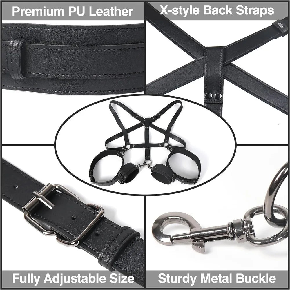 BDSM Bondage Thigh Cuffs & Spreader Bar Set-Adjustable PU Leather Restraints for Role-Play and Slave Training