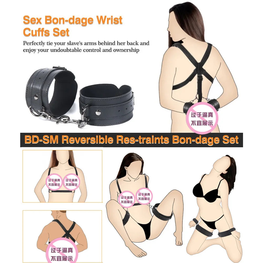 BDSM Bondage Thigh Cuffs & Spreader Bar Set-Adjustable PU Leather Restraints for Role-Play and Slave Training
