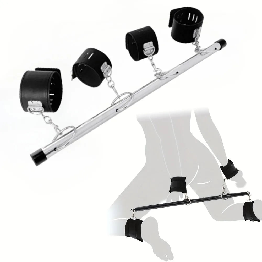 Stainless Steel BDSM Bondage Locking Kneeling Frame Handcuffs Collar Set Dildo